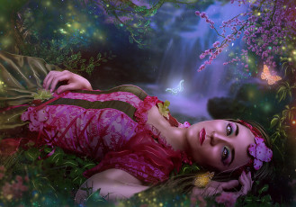 Картинка фэнтези фотоарт бабочка платье взгляд фон девушка