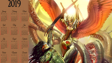 Картинка календари фэнтези женщина монстр битва calendar 2019 щупальца