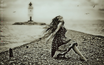 Картинка календари компьютерный+дизайн женщина маяк камень девушка водоем 2019 calendar поза