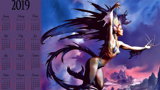 Обои картинки фото календари, фэнтези, хвост, женщина, calendar, 2019, существо, девушка