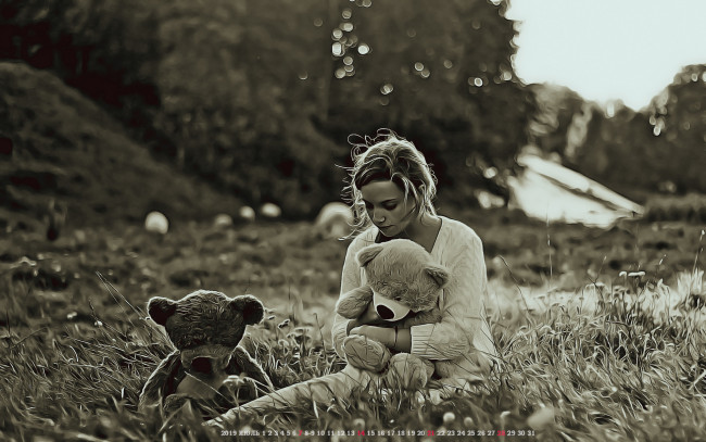 Обои картинки фото календари, компьютерный дизайн, медведь, девушка, игрушка, природа, растение, женщина, calendar, 2019