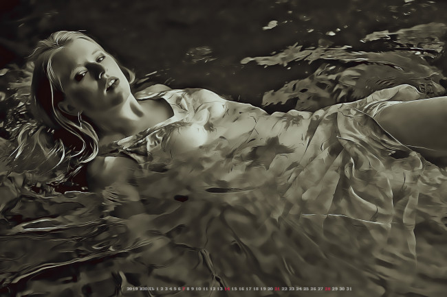 Обои картинки фото календари, компьютерный дизайн, 2019, водоем, девушка, взгляд, женщина, calendar