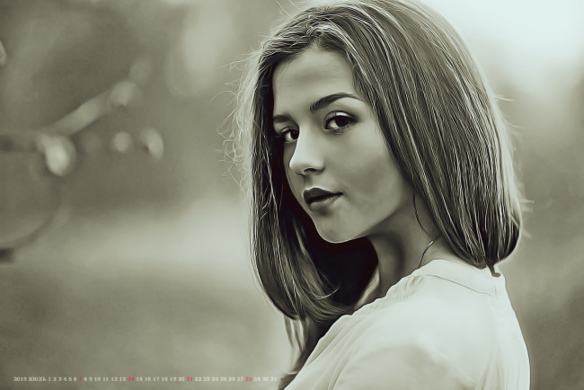 Обои картинки фото календари, компьютерный дизайн, взгляд, лицо, девушка, 2019, calendar, женщина