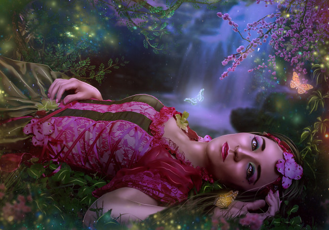 Обои картинки фото фэнтези, фотоарт, бабочка, платье, взгляд, фон, девушка