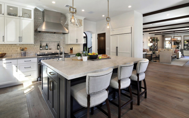 Обои картинки фото интерьер, кухня, плита, стол, стулья