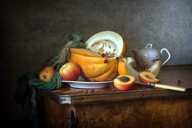 Обои картинки фото еда, натюрморт, дыня, персик