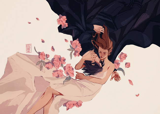 Обои картинки фото рисованное, люди, женщина, мужчина, цветы