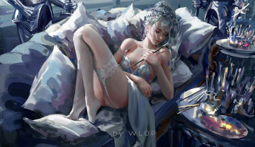 Картинка фэнтези _ghost+blade+ +призрачный+клинок девушка кисти палитра диван чулки