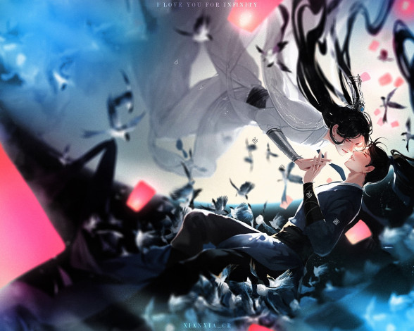 Обои картинки фото аниме, the husky and his white cat shizun, парни, полет, птицы