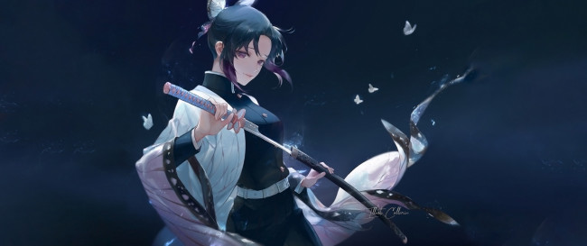 Обои картинки фото клинок рассекающий демонов, аниме, demon slayer,  kimetsu no yaiba, demon, slayer, kimetsu, no, yaiba, девушка, взгляд, хашера, kochou, shinobu, бабочки
