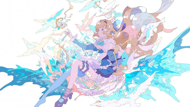 Обои картинки фото аниме, животные,  существа, девочка, птицы