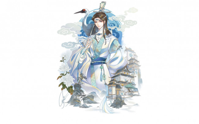 Обои картинки фото аниме, mo dao zu shi, лань, сичэнь, журавль, цветы, пагоды