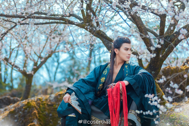 Обои картинки фото мужчины, - креатив,  косплей, мужчина, костюм, веер, дерево, цветение