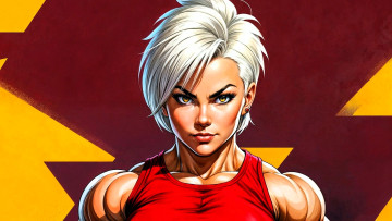 обоя рисованное, комиксы, девушка, блондинка, лицо, майка, мышцы