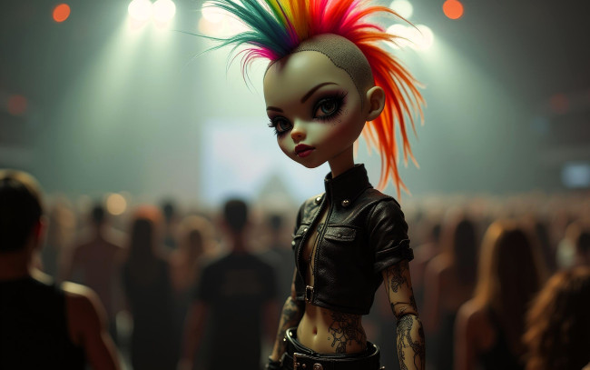 Обои картинки фото 3д графика, другое , other, кукла, девочка, панк, куртка, люди, концерт