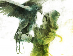 Картинка аниме животные +существа tomi арт сокол пальто шапка птица парень