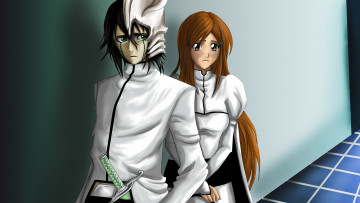 Картинка аниме bleach мальчик фон взгляд ulquiorra schiffer inoue orihime девушка hollow