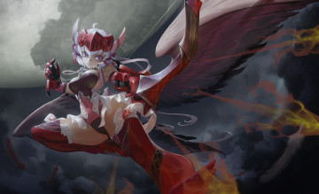 Картинка аниме senki+zesshou+symphogear огненные стрелы лук крылья девушка yukine chris senki zesshou symphogear black light арт