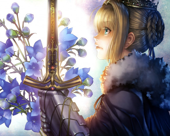 Обои картинки фото аниме, fate, stay night, доспехи, девушка, saber, hiroe, rei, оружие, art, stay, night, цветы