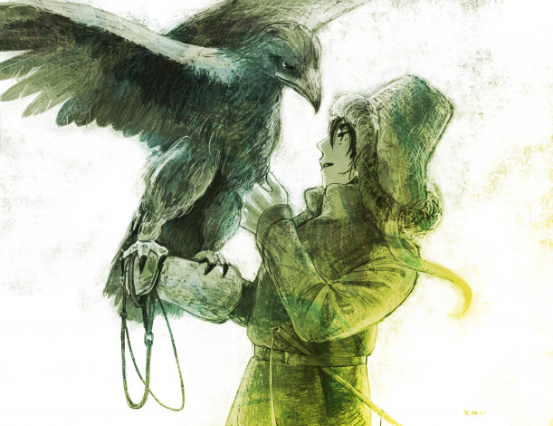 Обои картинки фото аниме, животные,  существа, tomi, арт, сокол, пальто, шапка, птица, парень