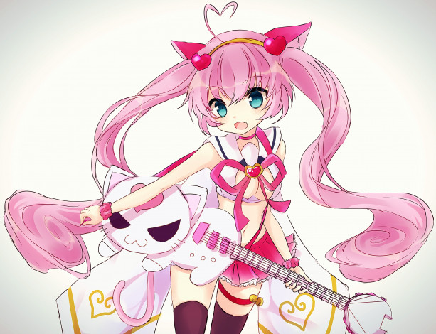 Обои картинки фото show by rock, аниме, музыка, гитара, белый, фон, девочка, сердечки, кошка, арт, mareta, mochi, show, by, rock