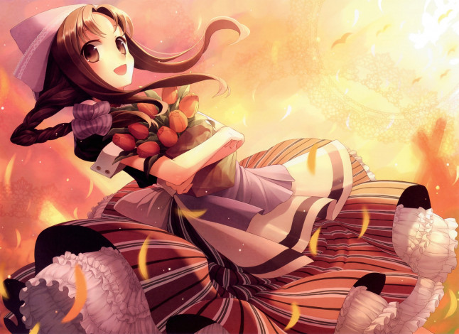 Обои картинки фото аниме, unknown,  другое, yashiro, seika, тюльпаны, закат, девочка, арт