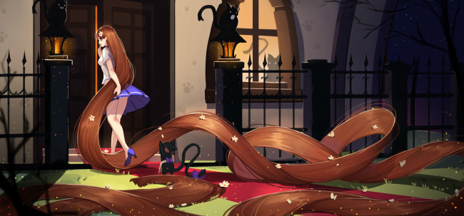 Обои картинки фото аниме, unknown,  другое, волосы, кошки, девушка, арт, crimson-k-night