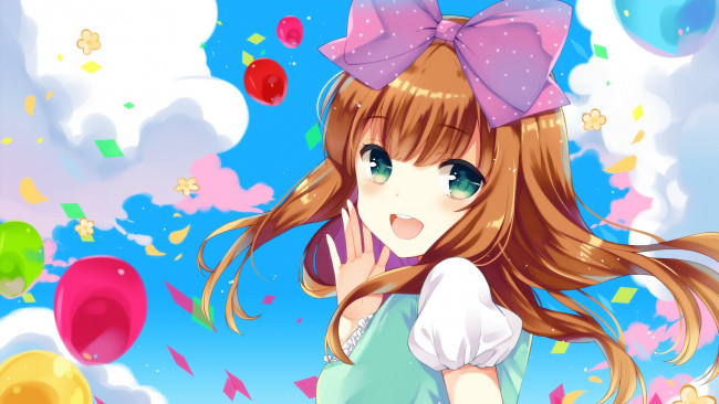 Обои картинки фото аниме, unknown,  другое, бант, радость, шарики, небо, взгляд, девочка, арт, liechiberry