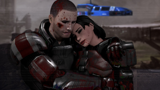 Обои картинки фото видео игры, mass effect, девушка, взгляд, фон, мужчина, кровь