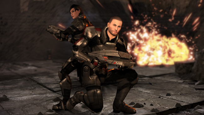 Обои картинки фото видео игры, mass effect, девушка, взгляд, фон, оружие, мужчина, взрыв