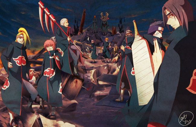 Обои картинки фото аниме, naruto, itachi, kakuzo, kisame, zetsu, hidan, tobi, sasori, pain, deidara, akatsuki, konan, art
