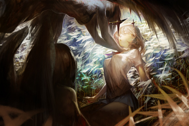 Обои картинки фото аниме, ангелы,  демоны, нимб, звезды, арт, takeyuki15, девушки, крылья