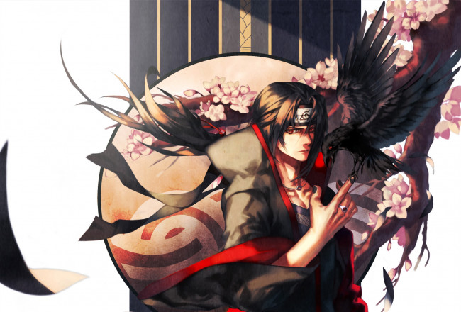 Обои картинки фото аниме, naruto, nona, art, shinobi, ворон, sharingan, itachi, uchiha