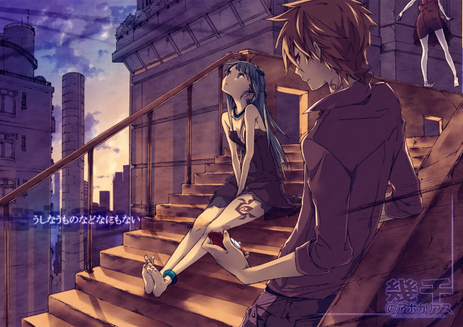 Обои картинки фото аниме, город,  улицы,  здания, арт, парень, девушка, лестница