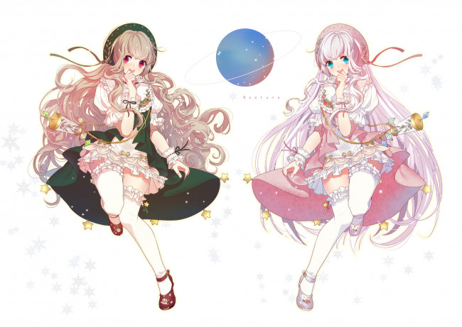 Обои картинки фото аниме, unknown,  другое, белый, фон, планета, шляпки, платья, miemia, арт, девочки
