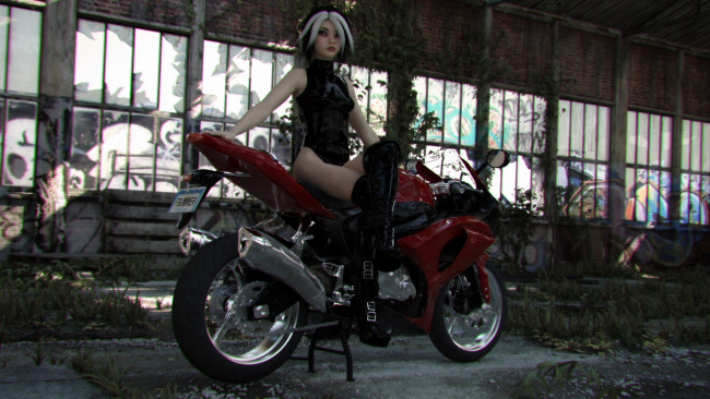 Обои картинки фото 3д графика, люди-авто, мото , people- car ,  moto, девушка, взгляд, фон, мотоцикл