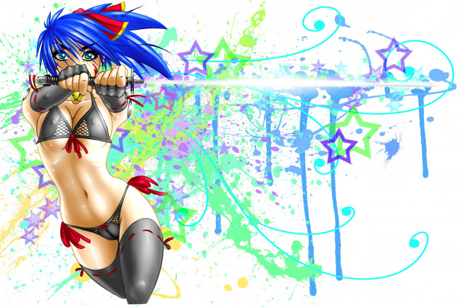 Обои картинки фото аниме, оружие,  техника,  технологии, фон, чулки, взгляд, катана, девушка