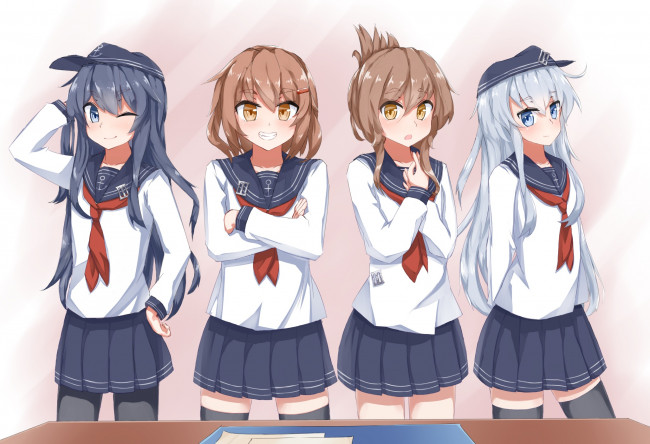 Обои картинки фото аниме, kantai collection, фон, взгляд, девушки