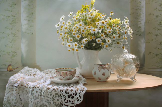 Обои картинки фото еда, натюрморт, цветы, ромашки, зефир, июль, лето, полевые