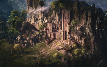 Картинка фэнтези замки замок птицы горы деревья