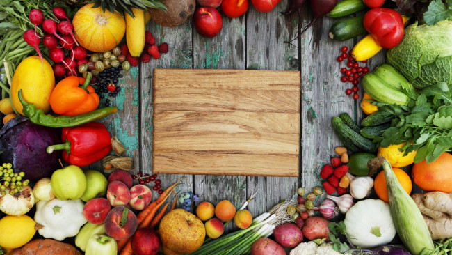 Обои картинки фото еда, фрукты и овощи вместе, капуста, перец, огурцы, персики