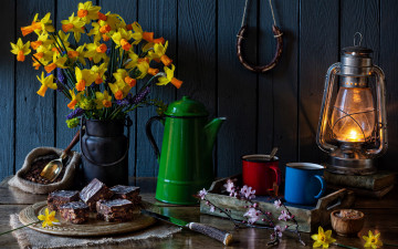 Картинка еда натюрморт лампа нарциссы букет зерна кофейные кофе пирожные