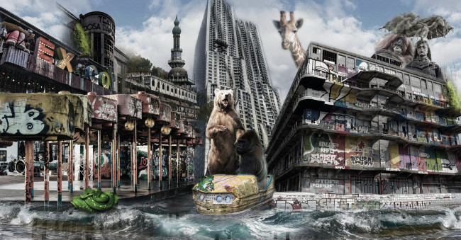 Обои картинки фото разное, компьютерный дизайн, город, фон, звери