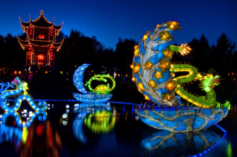Картинка разное иллюминация пагода дракон парусники цветы