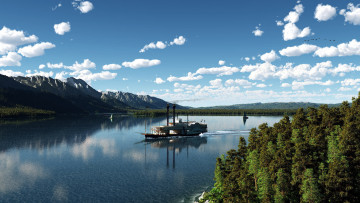 Картинка корабли другое река облака горы