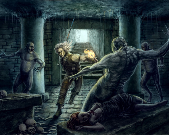 Обои картинки фото фэнтези, нежить, склеп, жертва, черепа, паутина, упыри, существа, монстры, ведьмак