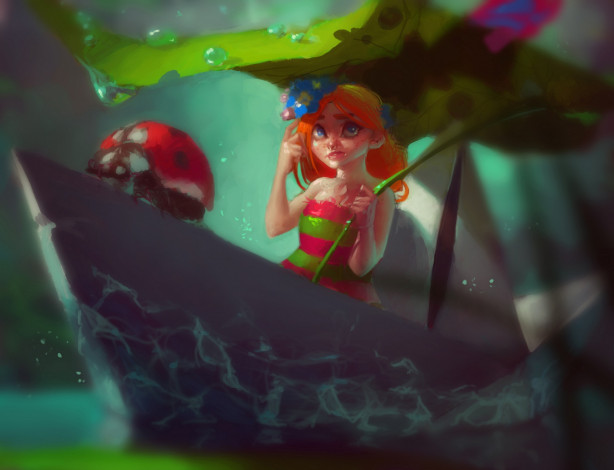 Обои картинки фото фэнтези, девушки, коровка, девочка, божья, жук, капля, лист, кораблик