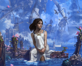 Картинка фэнтези девушки арт reishin девушка море город мельница чайки птицы