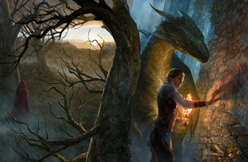 Картинка фэнтези красавицы+и+чудовища арт иллюстрация к книге the beginning legend of oescienne jenna elizabeth johnson девушка стена дракон фигура плащ дерево факел