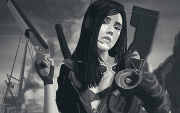 Картинка фэнтези девушки обрез двустволка меч катана патроны art девушка взгляд